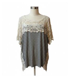 Adiva Black White Striped Lace Detail Oversized Tunic Top